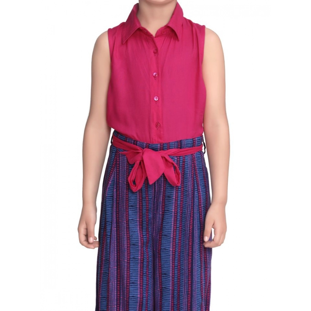 Generic Girl’s Rayon Colour Block Sleeveless Jumpsuit (Pink-Blue)