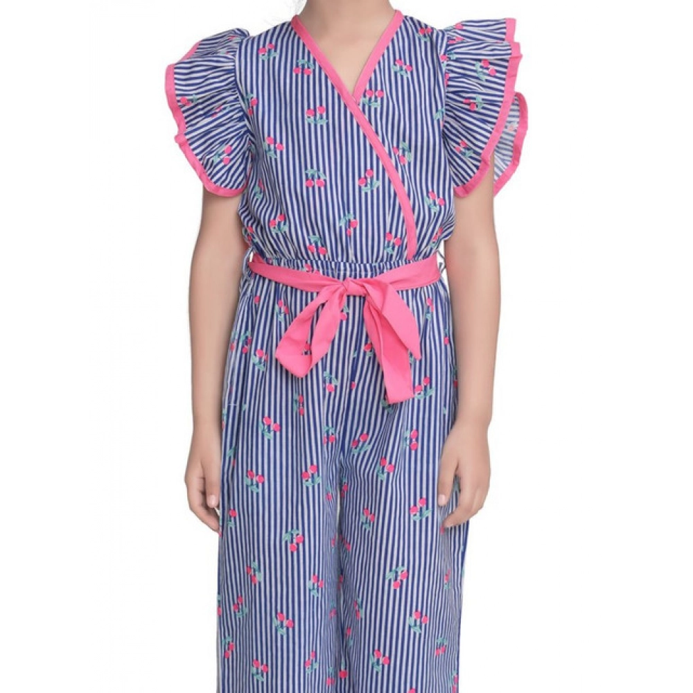 Generic Girl’s Cotton Striped Flutter Jumpsuit (Blue-Pink)