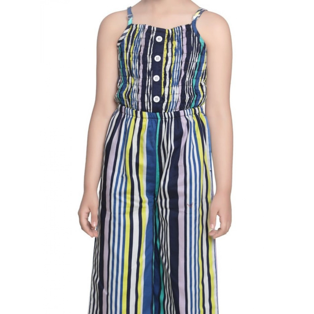 Generic Girl’s Rayon Striped Sleeveless Jumpsuit (Blue)