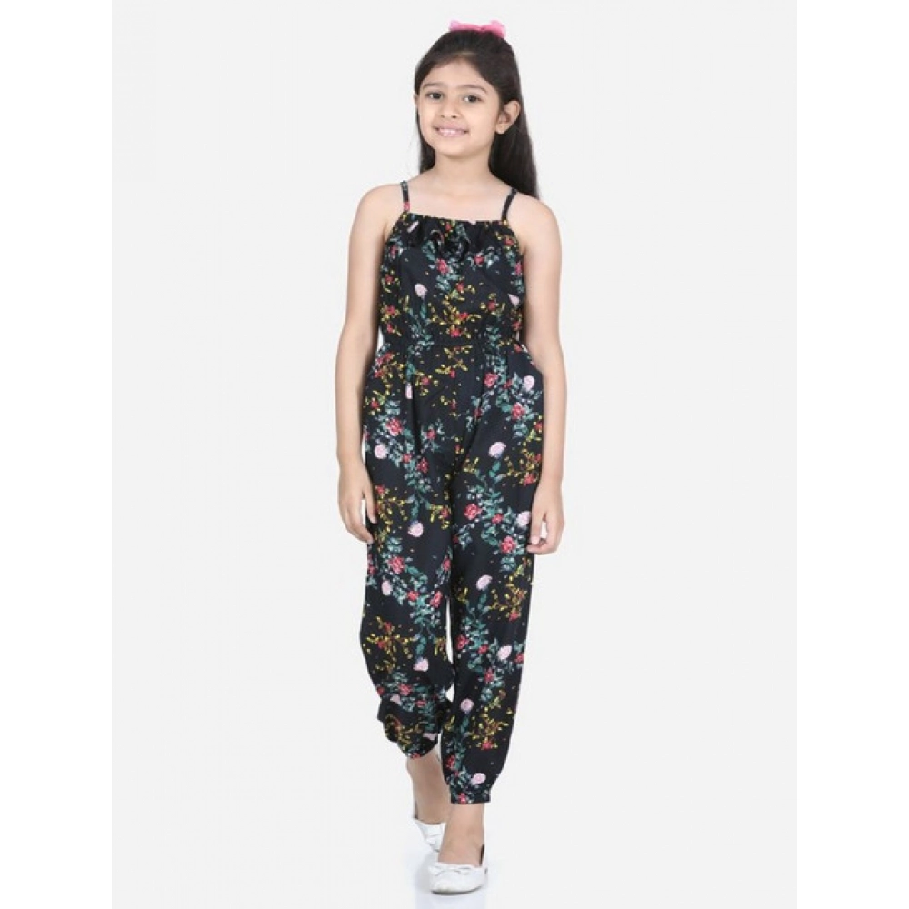 Generic Girl’s Rayon Flamingo Print Sleeveless Jumpsuit (Black-Multicolor)