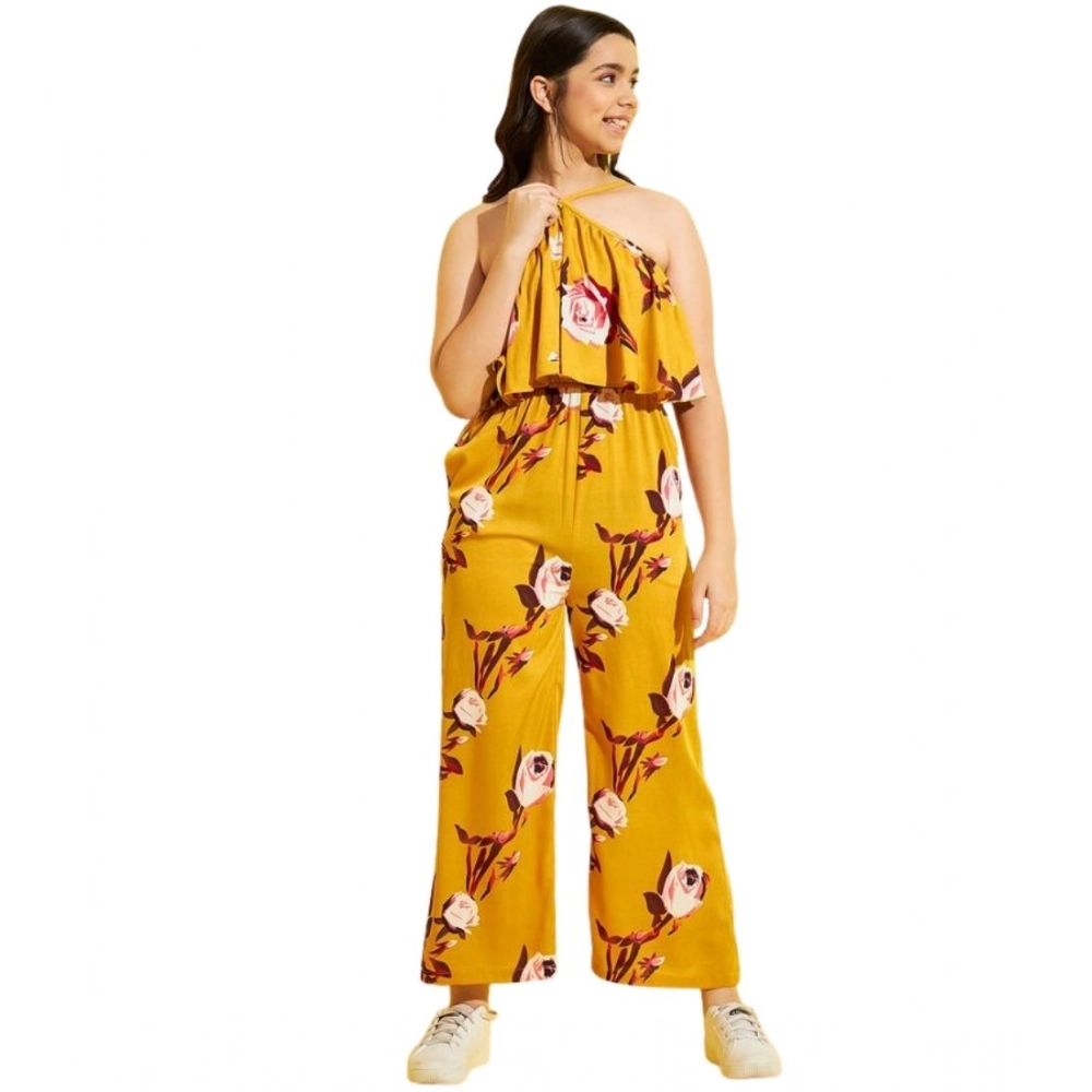 Generic Girl's Polyester Crepe Floral Sleeveless Jumpsuit (Mustard) - Image 5
