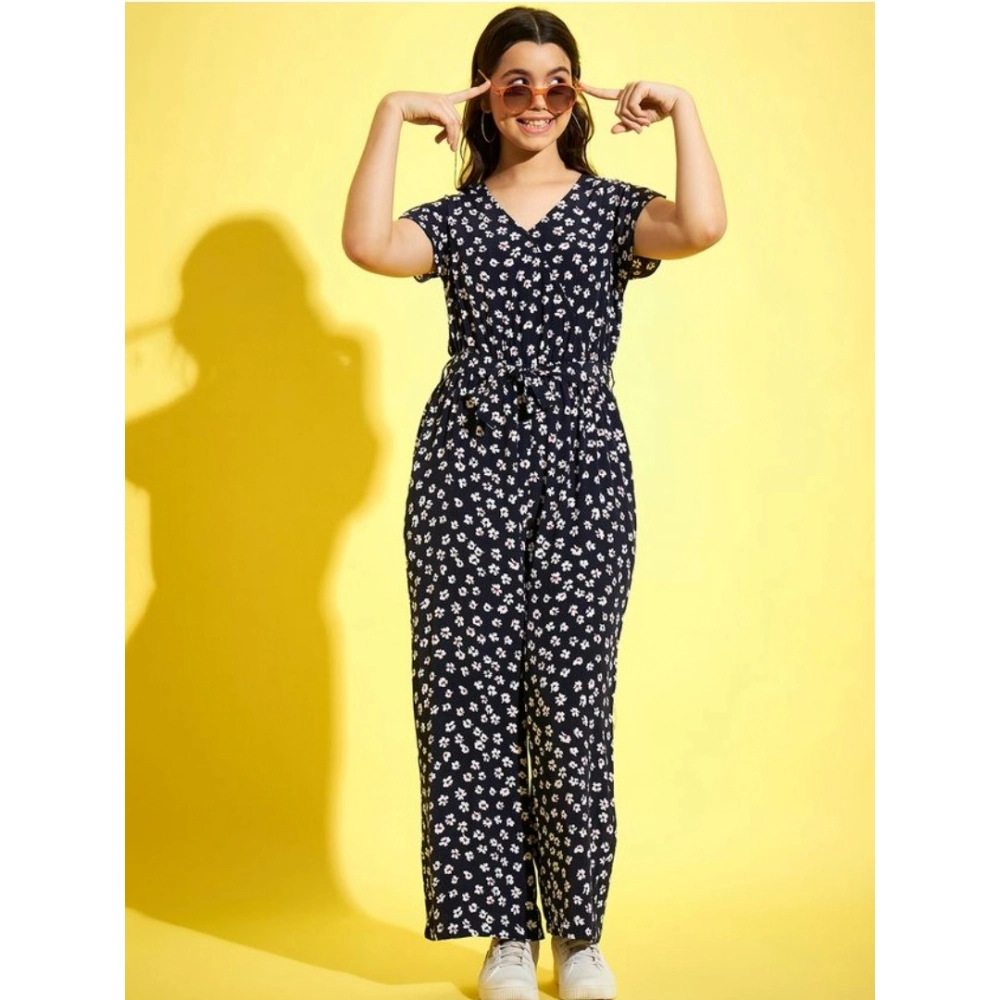 Generic Girl's Polyester Moss Floral Short Sleeves Jumpsuit (Navy-white) - Image 4