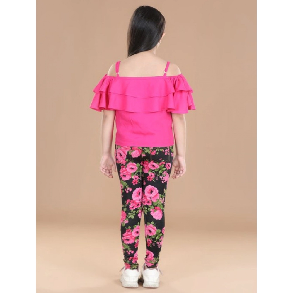 Generic Girl's Cotton Floral Elasticated Jegging and Top Set (Black-Pink) - Image 4