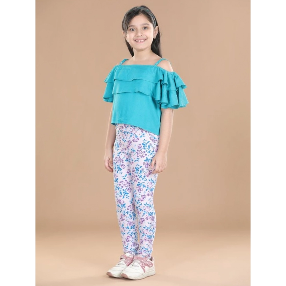 Generic Girl’s Cotton Floral Elasticated Jegging and Top Set (Turquoise Blue)