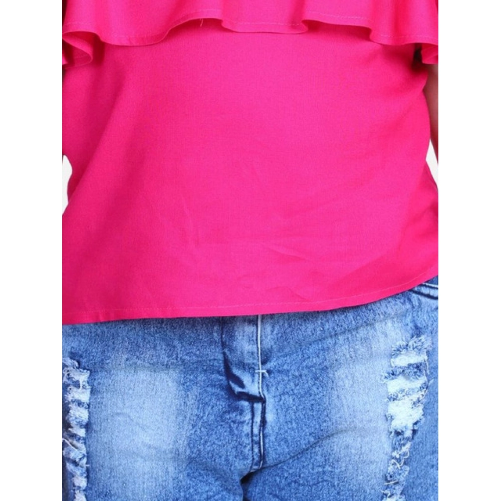 Generic Girl's Rayon Solid Cold Shoulder Top with Shorts (Pink-Blue) - Image 4