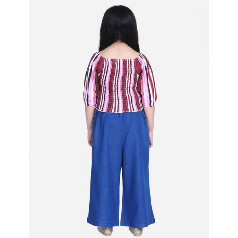 Generic Girl's Rayon Solid Bell Sleeve Top with Culottes (Purple-Blue) - Image 5