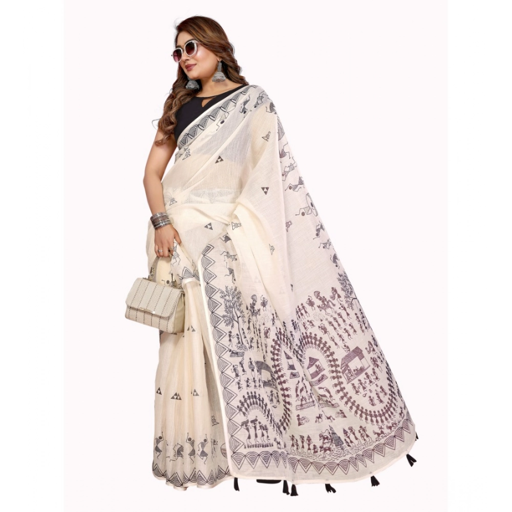 Generic Women’s Linen Cotton Printed Saree With Unstitched Blouse 5.5Mtr (Off White)