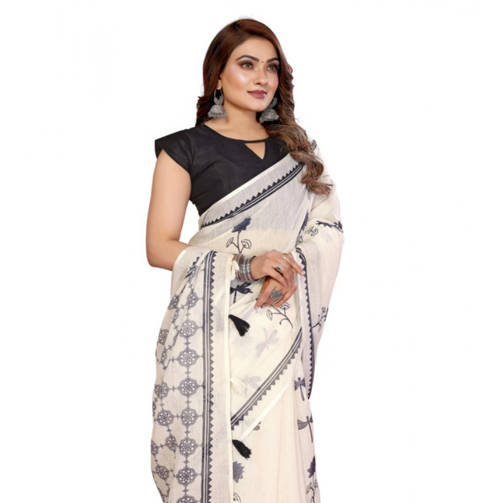 Generic Women’s Linen Cotton Printed Saree With Unstitched Blouse 5.5Mtr (Off White)