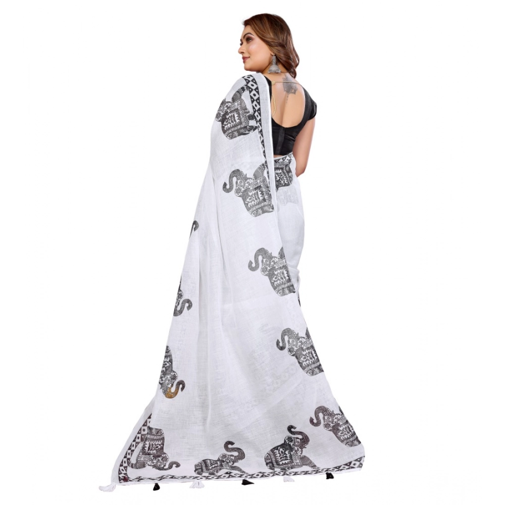 Generic Women's Linen Cotton Printed Saree With Unstitched Blouse 5.5Mtr (White) - Image 5