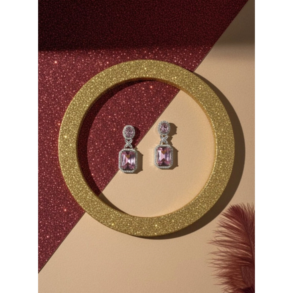 Generic Women's Brass Silver Plated Drop Earrings (Pink) - Image 3