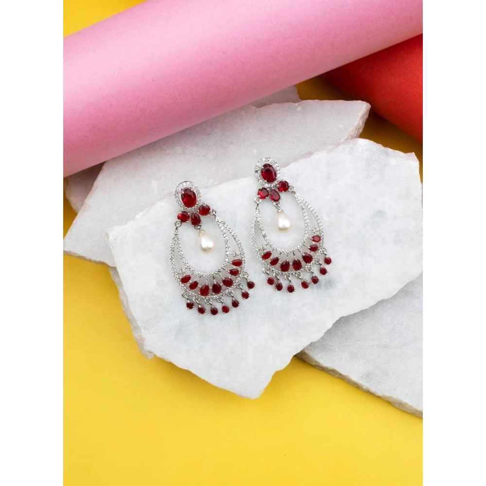 Generic Women's Brass Silver Plated Chandbali Earrings (Red) - Image 5