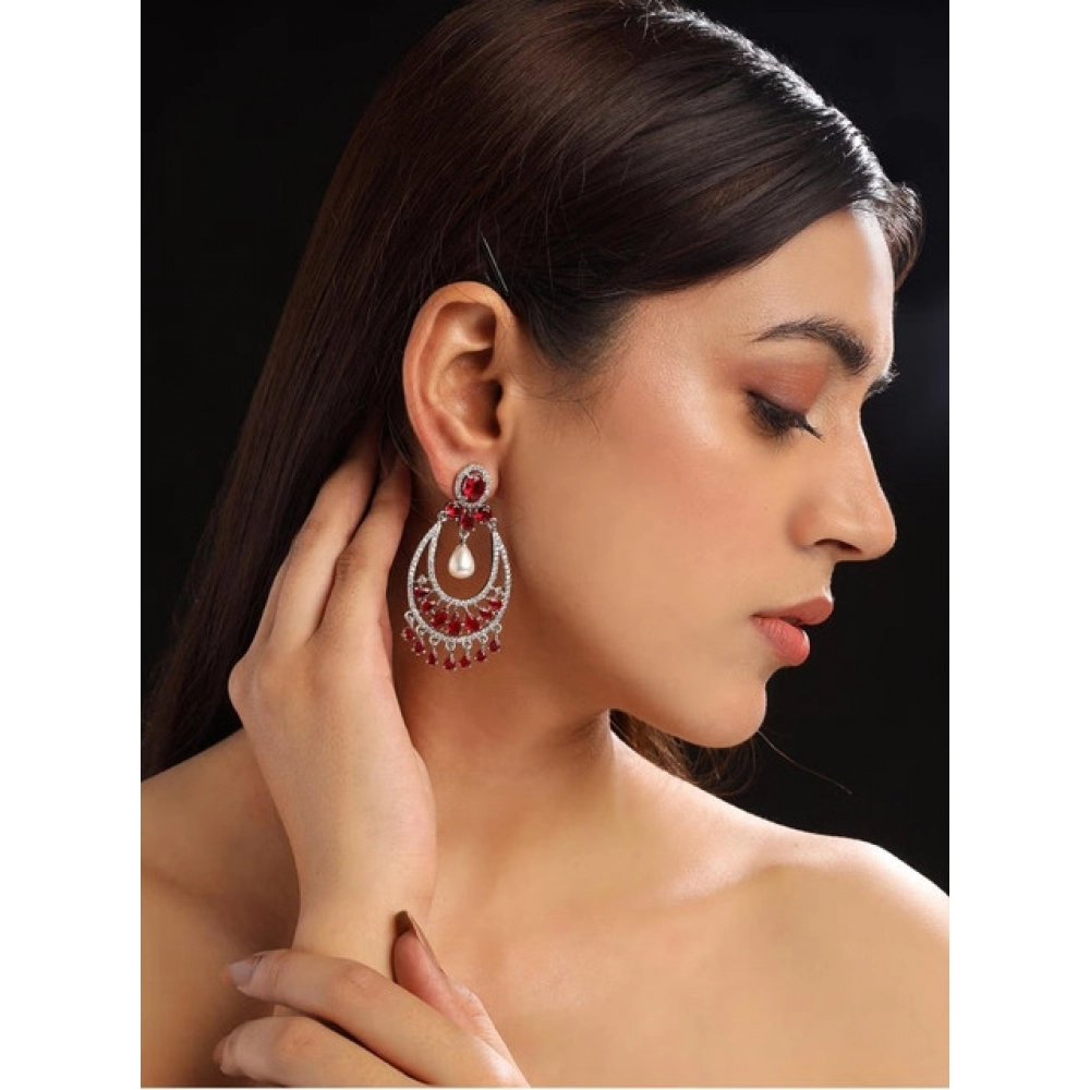 Generic Women's Brass Silver Plated Chandbali Earrings (Red) - Image 3