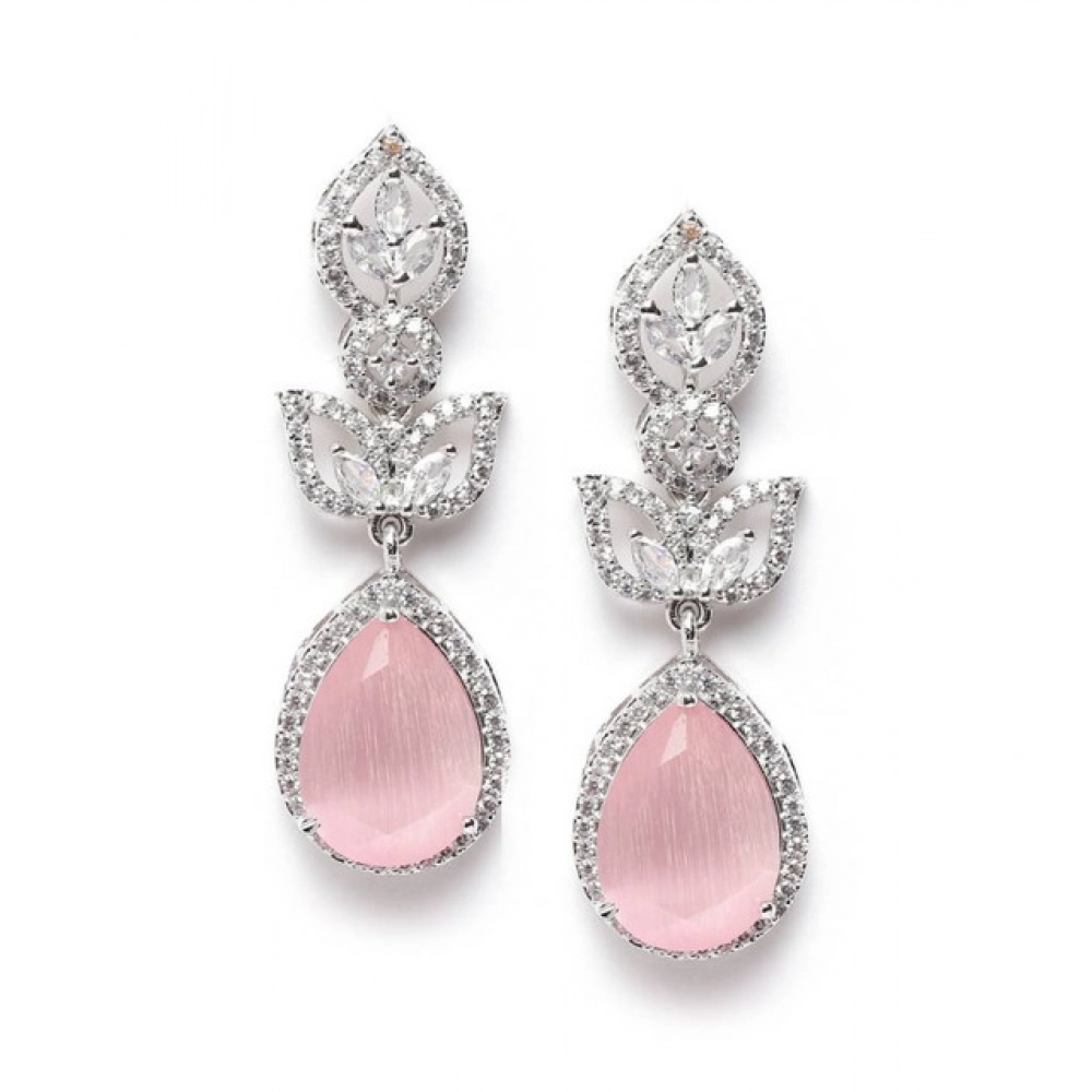 Generic Women's Brass Silver Plated Drop Earrings (Pink) - Image 5