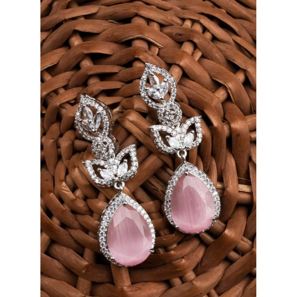 Generic Women's Brass Silver Plated Drop Earrings (Pink) - Image 4