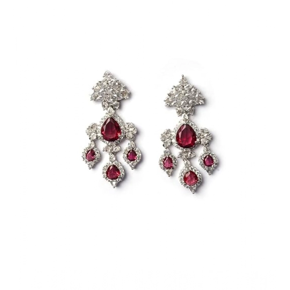 Generic Women's Brass Silver Plated Drop Earrings (Red) - Image 4