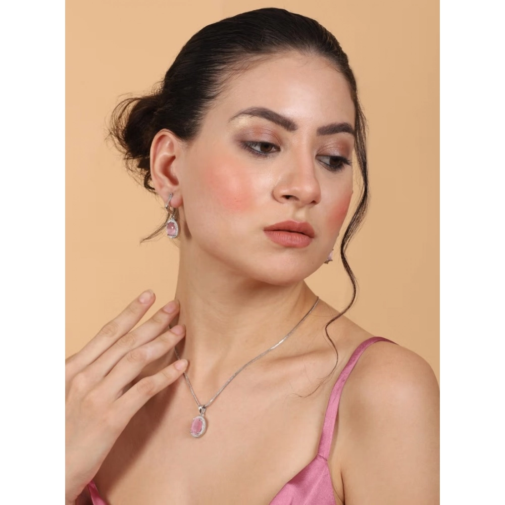 Generic Women's Brass Silver Plated Pendant Set (Pink) - Image 3