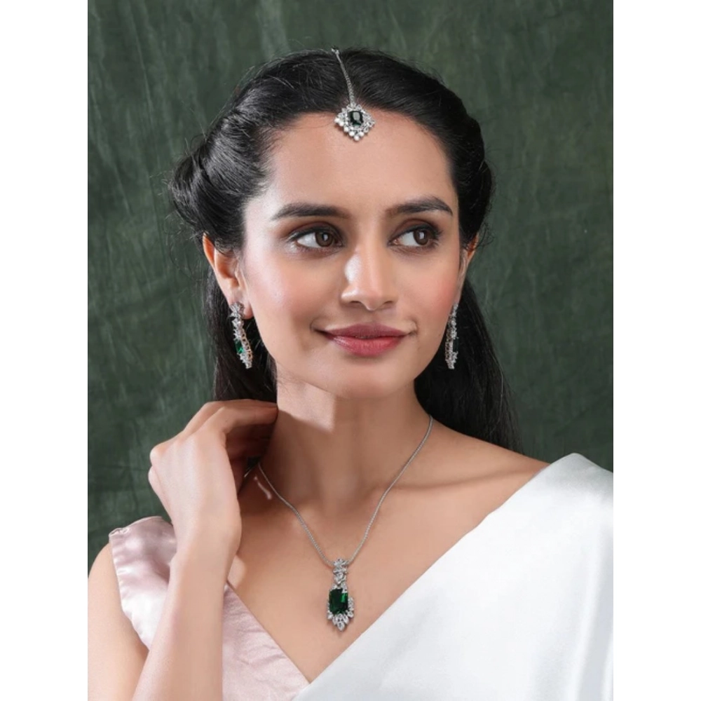 Generic Women's Brass Silver Plated Pendant Set (Green) - Image 3