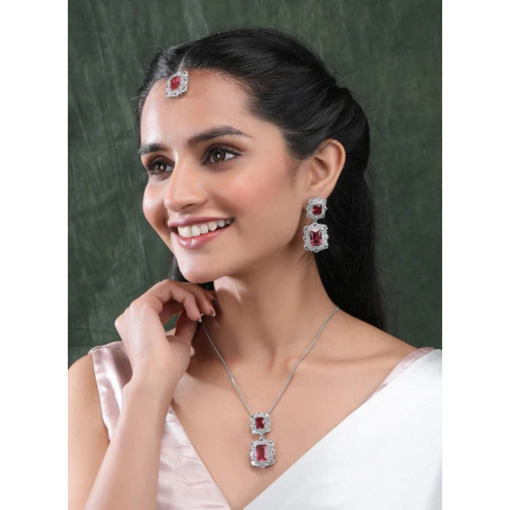 Generic Women's Brass Silver Plated Pendant Set (Red) - Image 4