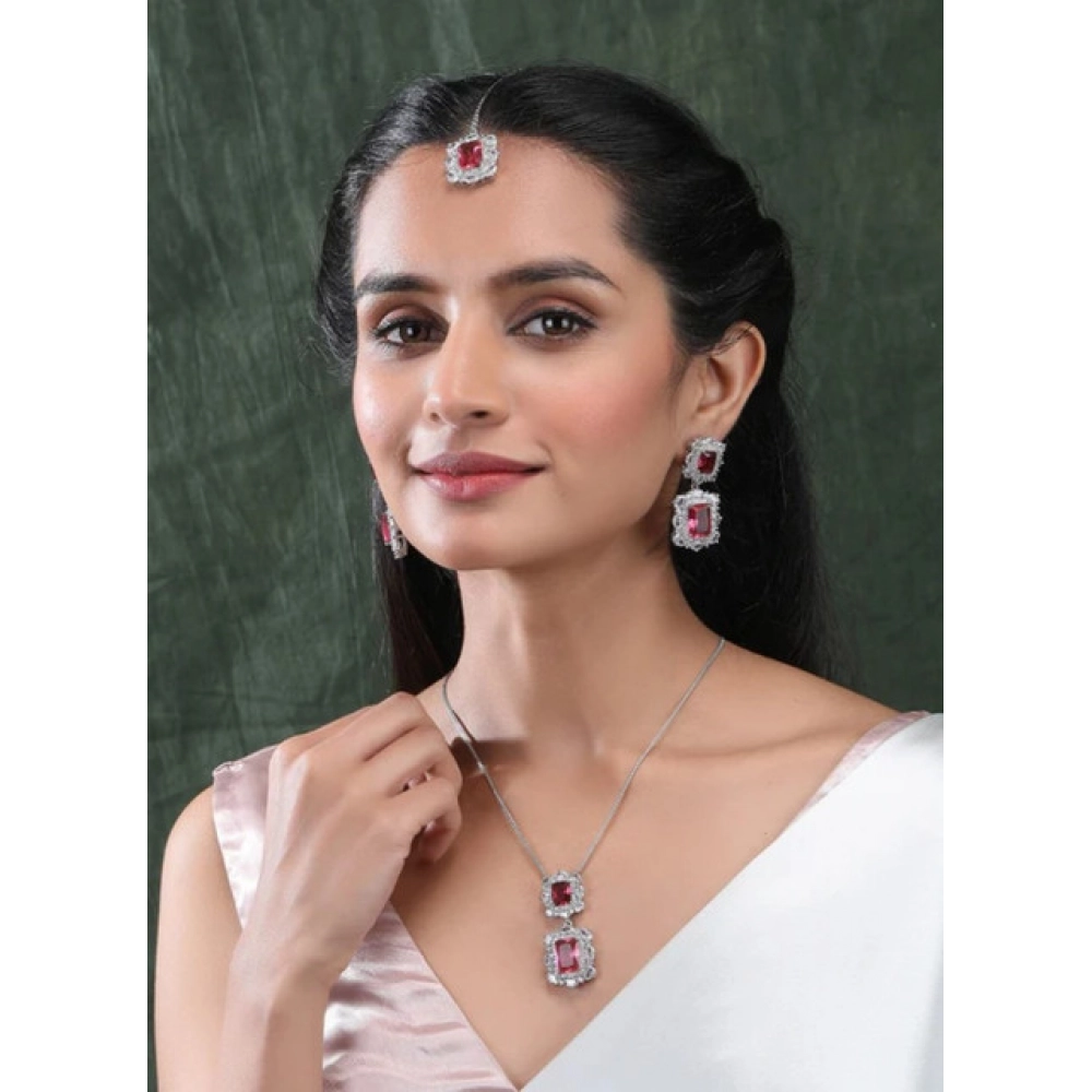 Generic Women's Brass Silver Plated Pendant Set (Red) - Image 3