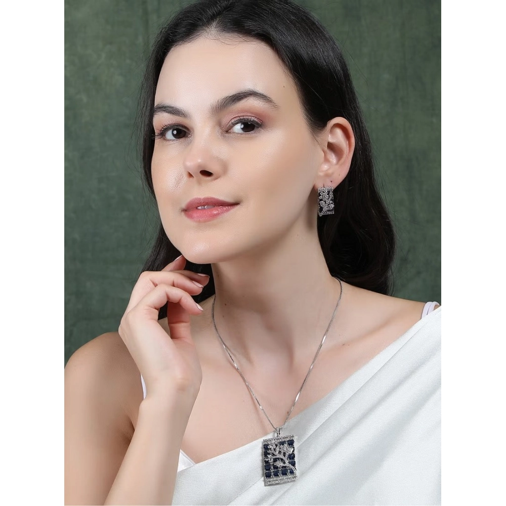 Generic Women's Brass Silver Plated Pendant Set (Blue) - Image 3