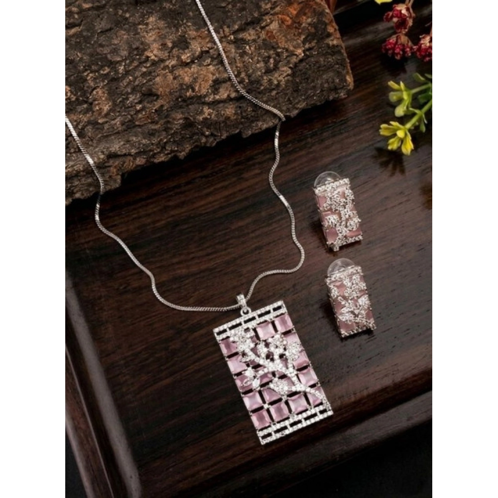 Generic Women’s Brass Silver Plated Pendant Set (Pink)