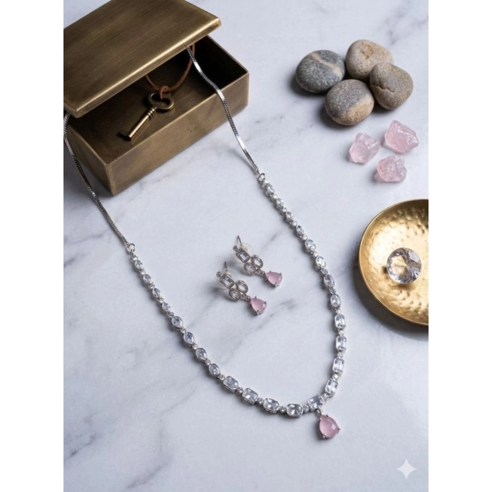 Generic Women’s Brass Silver Plated Necklace set (Pink)
