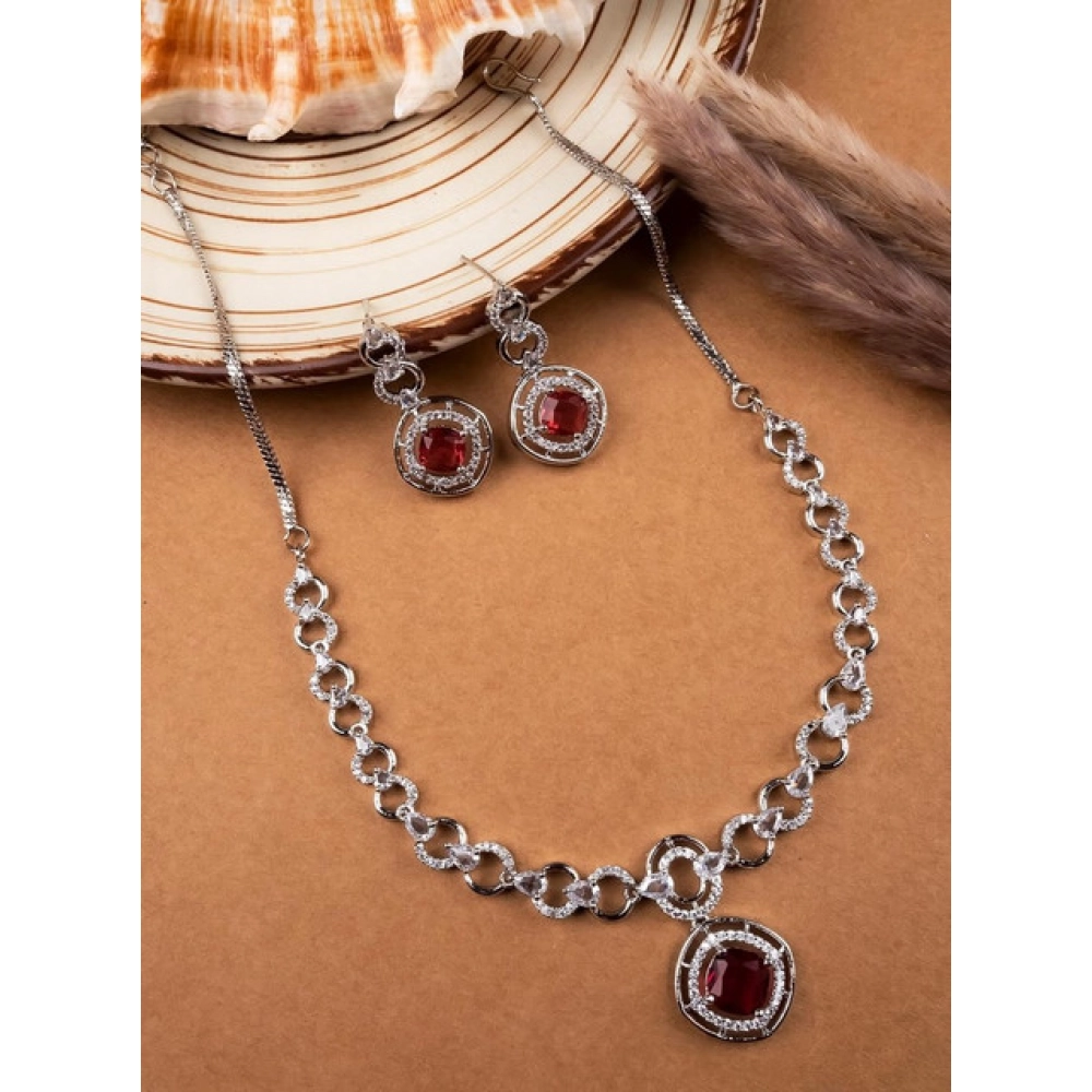 Generic Women's Brass Silver Plated Necklace set (Red) - Image 4
