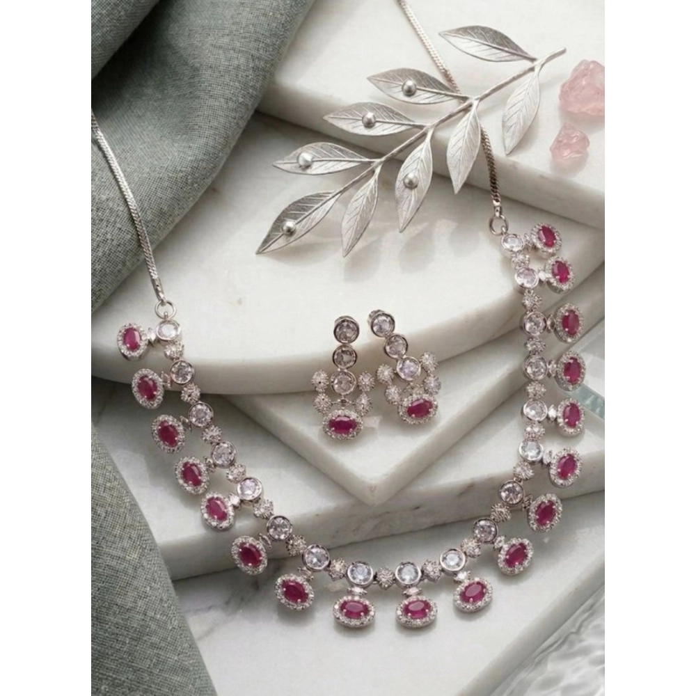 Generic Women’s Brass Silver Plated Necklace set (Pink)
