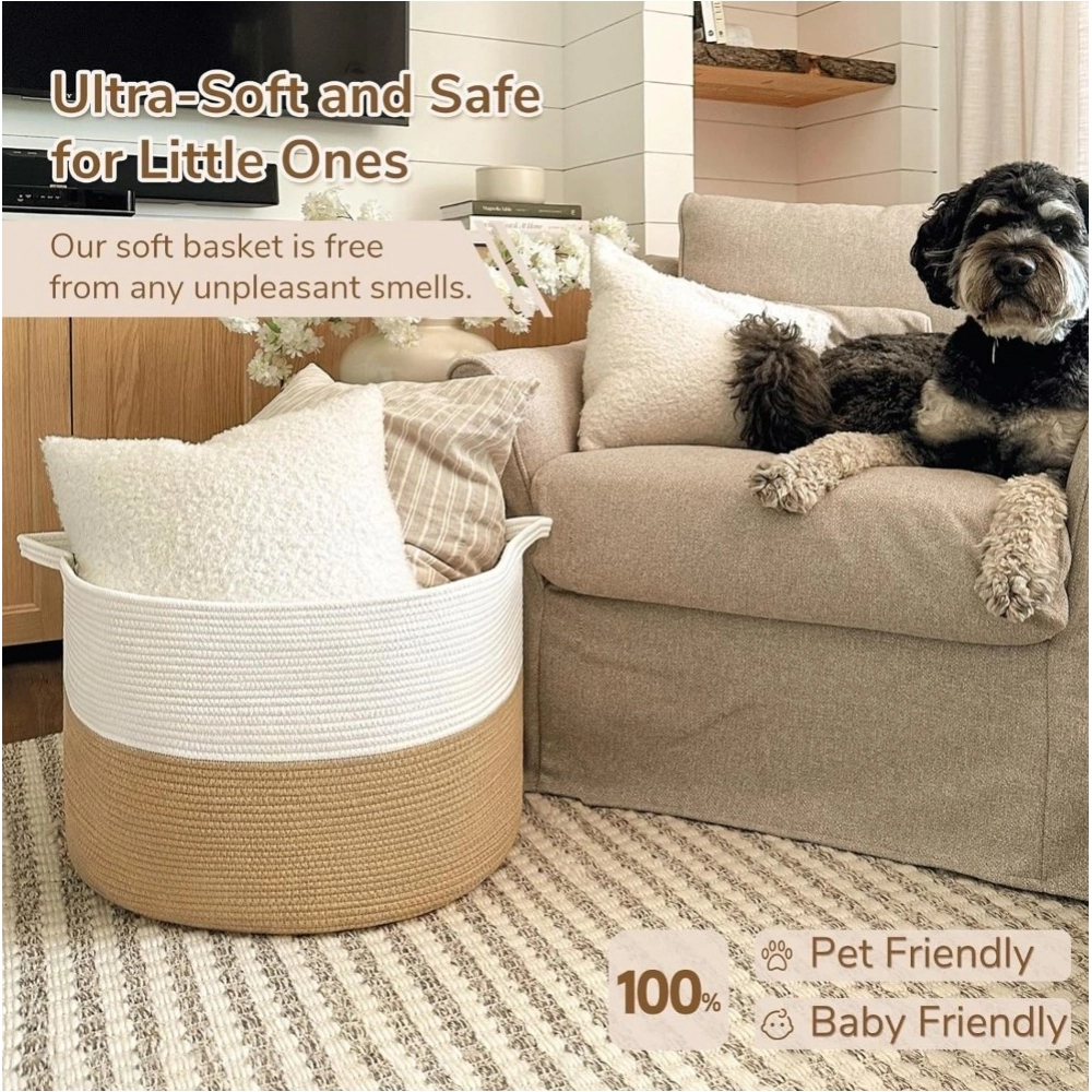 Generic Cotton Pack Of_1 16x14 Inch Storage Basket For Clothes With Out Lid (Beige-White) - Image 3