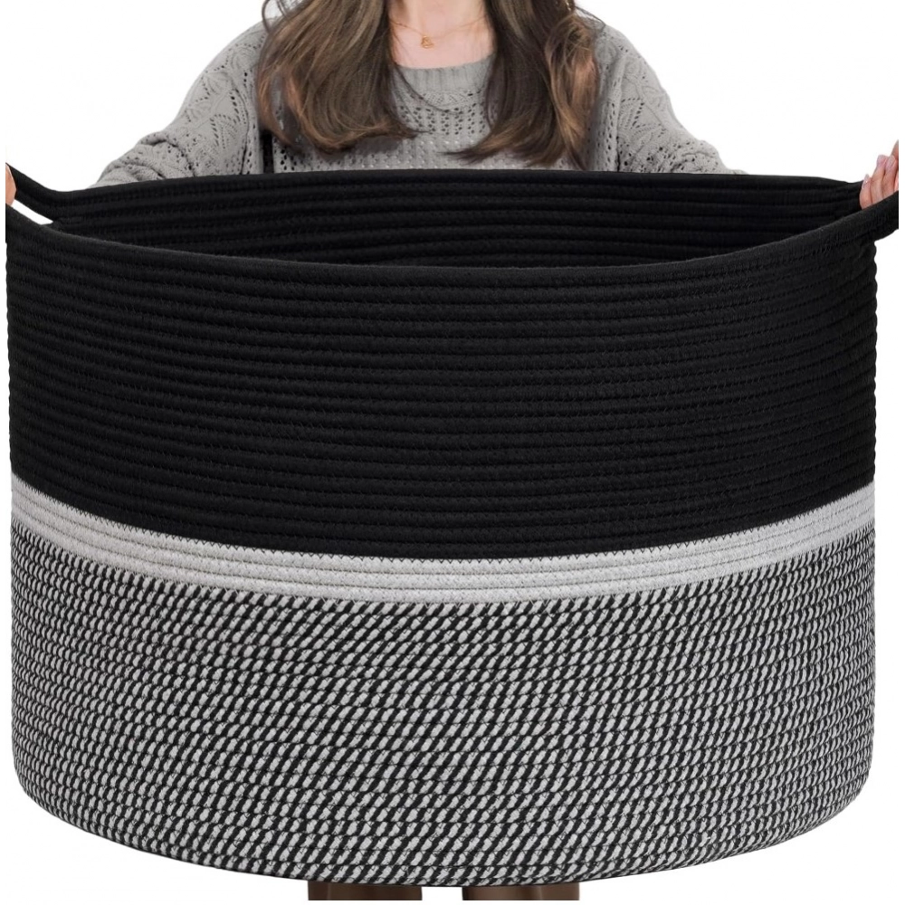 Generic Cotton Dori 16x14 Inch Storage Basket For Clothes With Out Lid (Black-Black-White) - Image 4