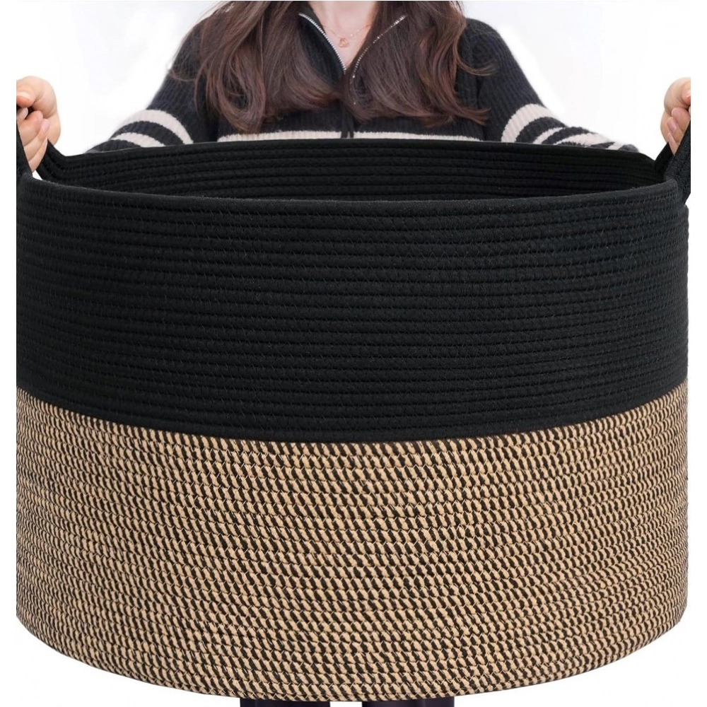 Generic Cotton Pack Of_1 16x14 Inch Storage Basket For Clothes With Out Lid (Black-Beige-Black) - Image 4