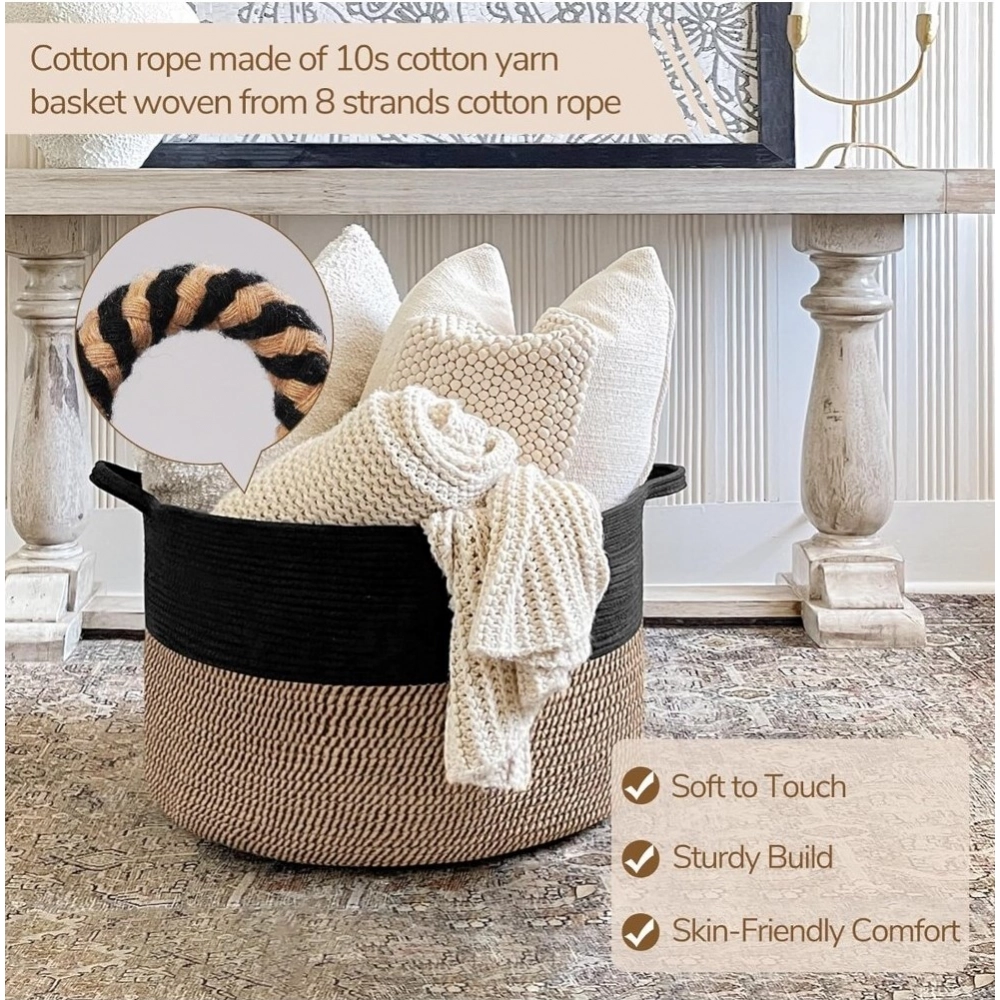 Generic Cotton Pack Of_1 16x14 Inch Storage Basket For Clothes With Out Lid (Black-Beige-Black) - Image 3