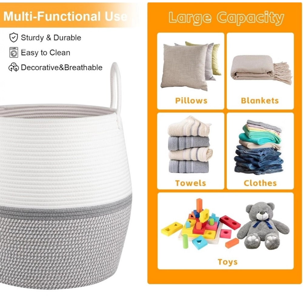 Generic Cotton Matka With Handle 14×12 Inch Storage Basket For Clothes With Out Lid (Gray-White)