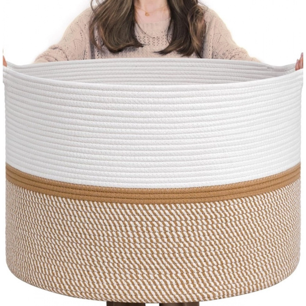 Generic Cotton Dori 16x14 Inch Storage Basket For Clothes With Out Lid (White-Beige-White) - Image 4