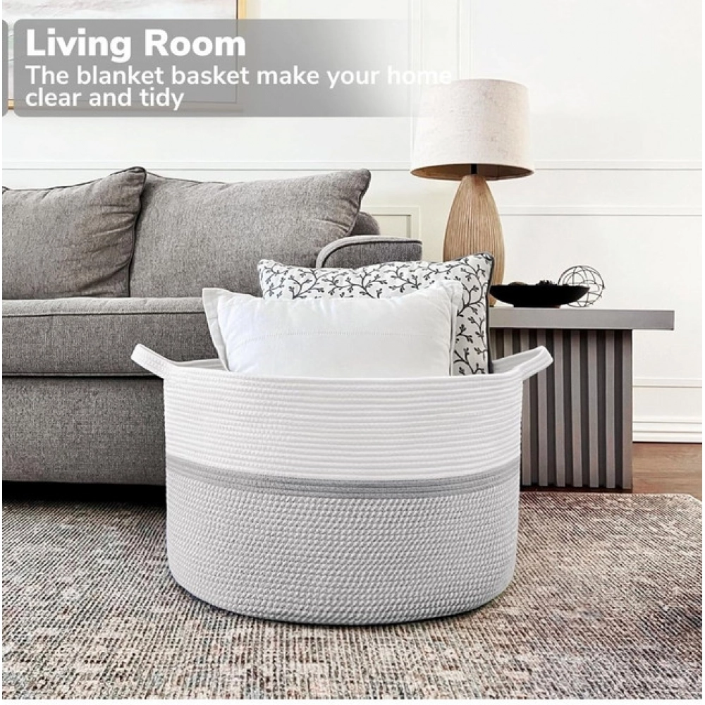 Generic Cotton Dori 16x14 Inch Storage Basket For Clothes With Out Lid (White-Gray-White) - Image 3