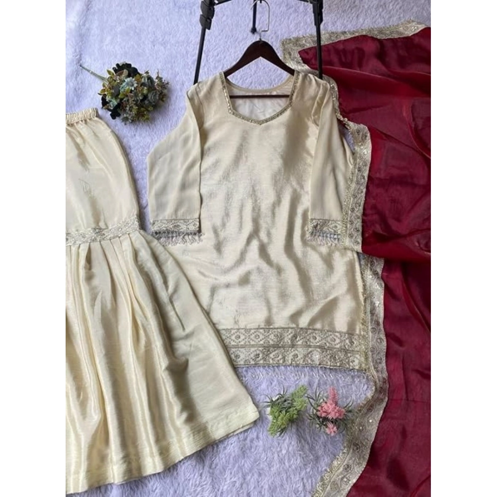 Generic Women's Silk Embroidered 3/4th Sleeve V-Neck Kurti With Sharara Pant and Dupatta Set (Cream & Brown) - Image 4