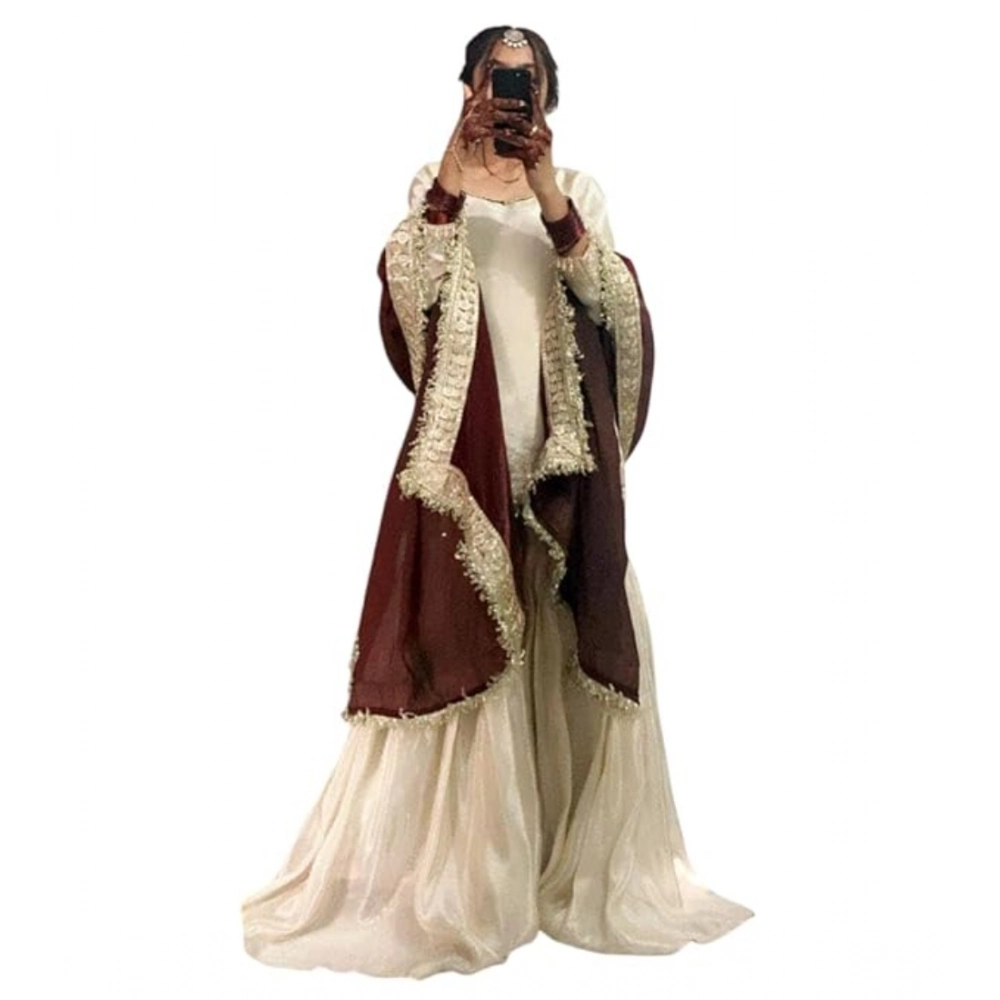 Generic Women's Silk Embroidered 3/4th Sleeve V-Neck Kurti With Sharara Pant and Dupatta Set (Cream & Brown) - Image 5