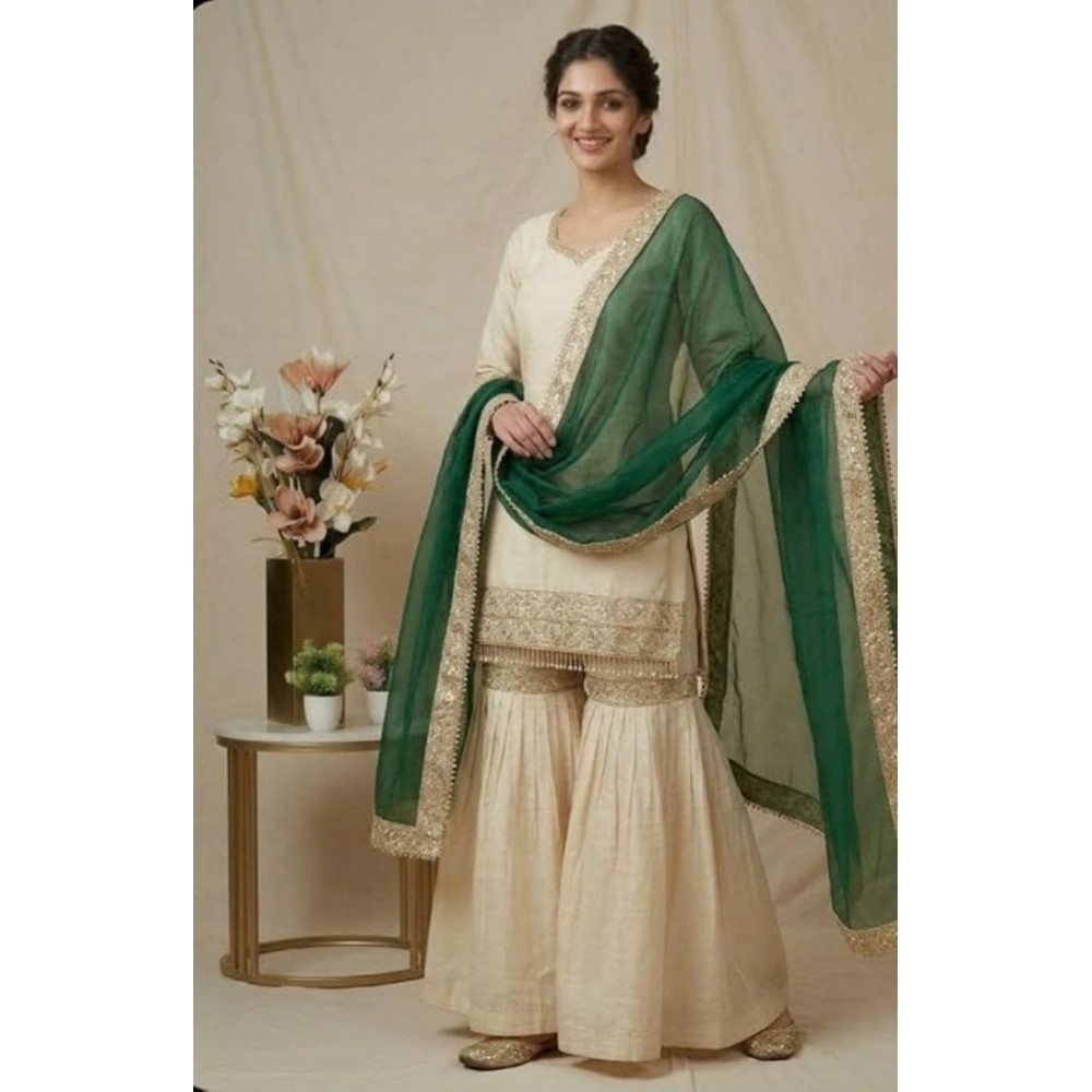 Generic Women's Silk Embroidered 3/4th Sleeve V-Neck Kurti With Sharara Pant and Dupatta Set (Cream & Bottle Green) - Image 6