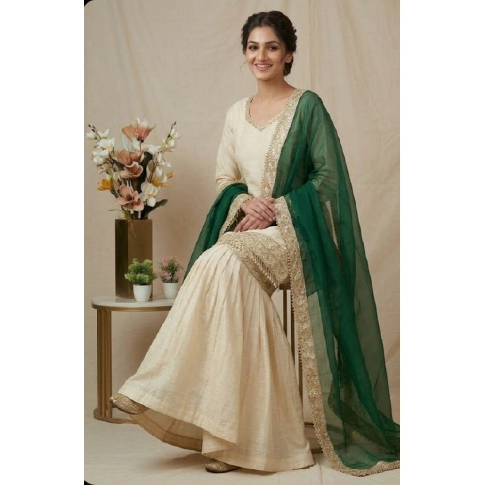 Generic Women's Silk Embroidered 3/4th Sleeve V-Neck Kurti With Sharara Pant and Dupatta Set (Cream & Bottle Green) - Image 3