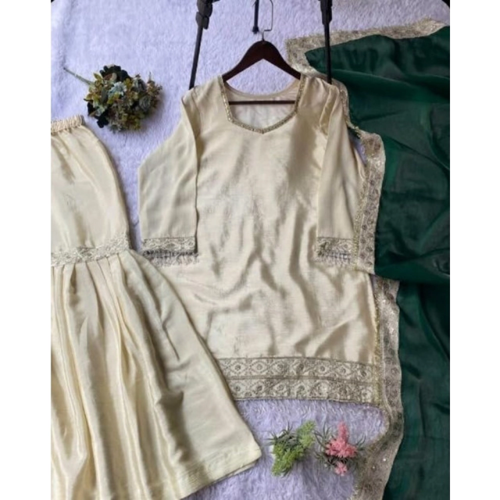Generic Women's Silk Embroidered 3/4th Sleeve V-Neck Kurti With Sharara Pant and Dupatta Set (Cream & Bottle Green) - Image 4