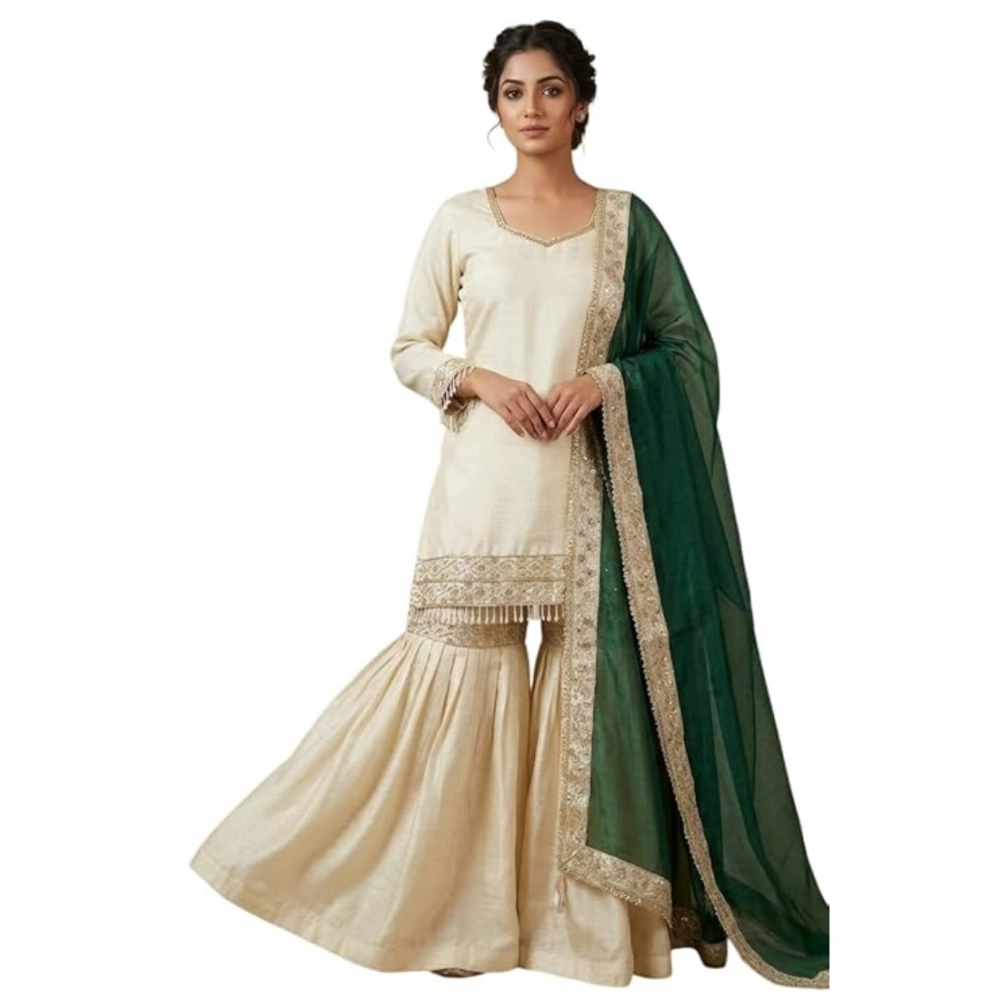 Generic Women's Silk Embroidered 3/4th Sleeve V-Neck Kurti With Sharara Pant and Dupatta Set (Cream & Bottle Green) - Image 5