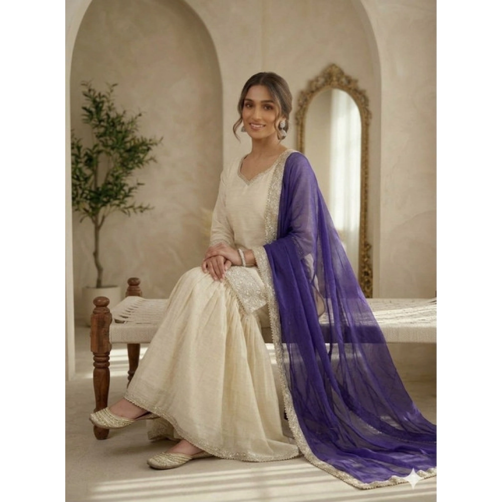 Generic Women's Silk Embroidered 3/4th Sleeve V-Neck Kurti With Sharara Pant and Dupatta Set (Cream & Purple) - Image 3