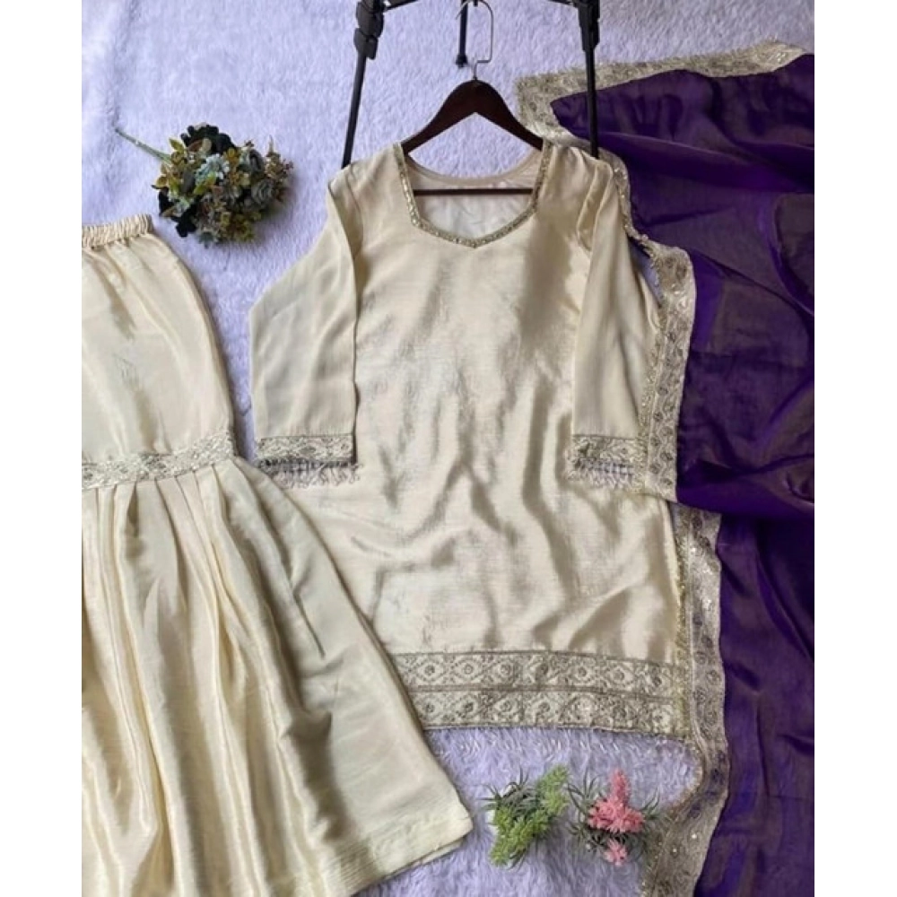 Generic Women's Silk Embroidered 3/4th Sleeve V-Neck Kurti With Sharara Pant and Dupatta Set (Cream & Purple) - Image 4