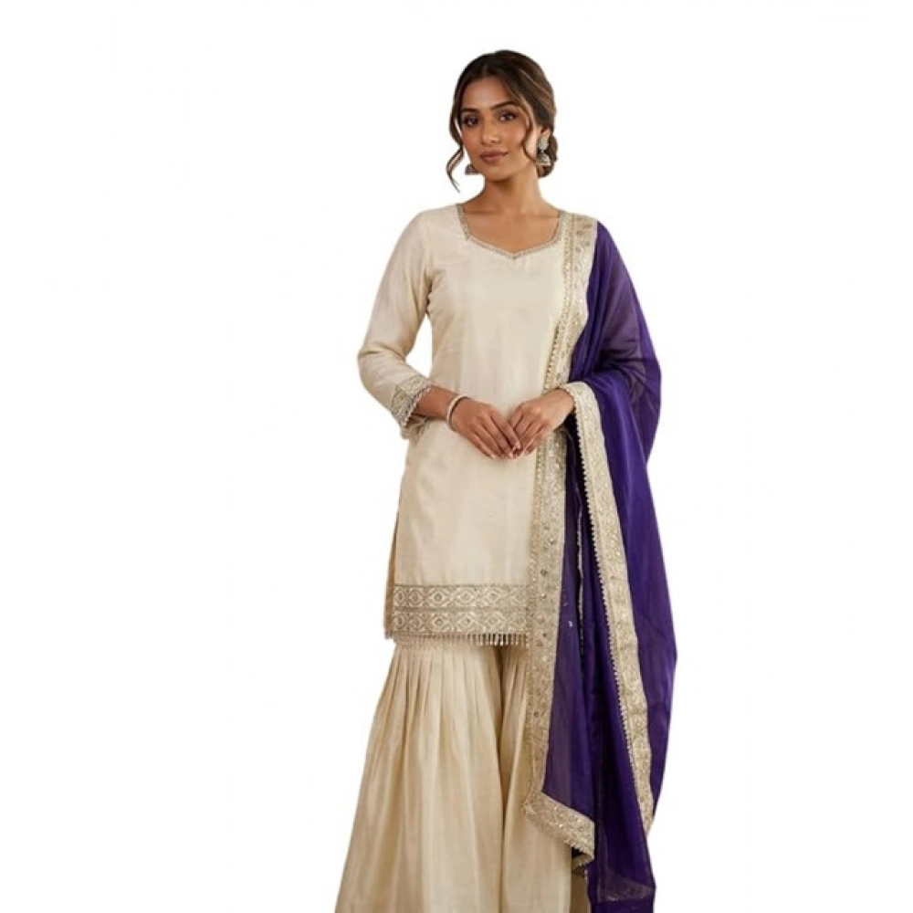 Generic Women's Silk Embroidered 3/4th Sleeve V-Neck Kurti With Sharara Pant and Dupatta Set (Cream & Purple) - Image 5