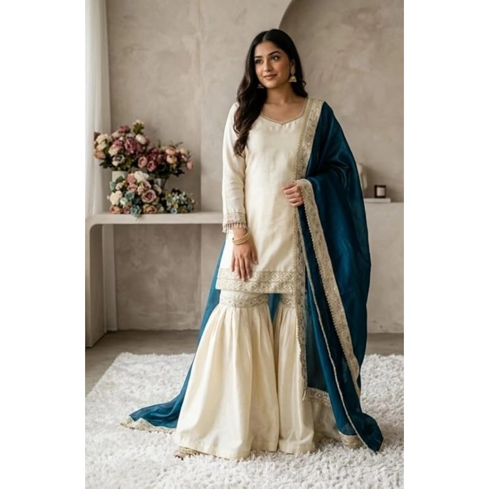 Generic Women's Silk Embroidered 3/4th Sleeve V-Neck Kurti With Sharara Pant and Dupatta Set (Cream & Teal)