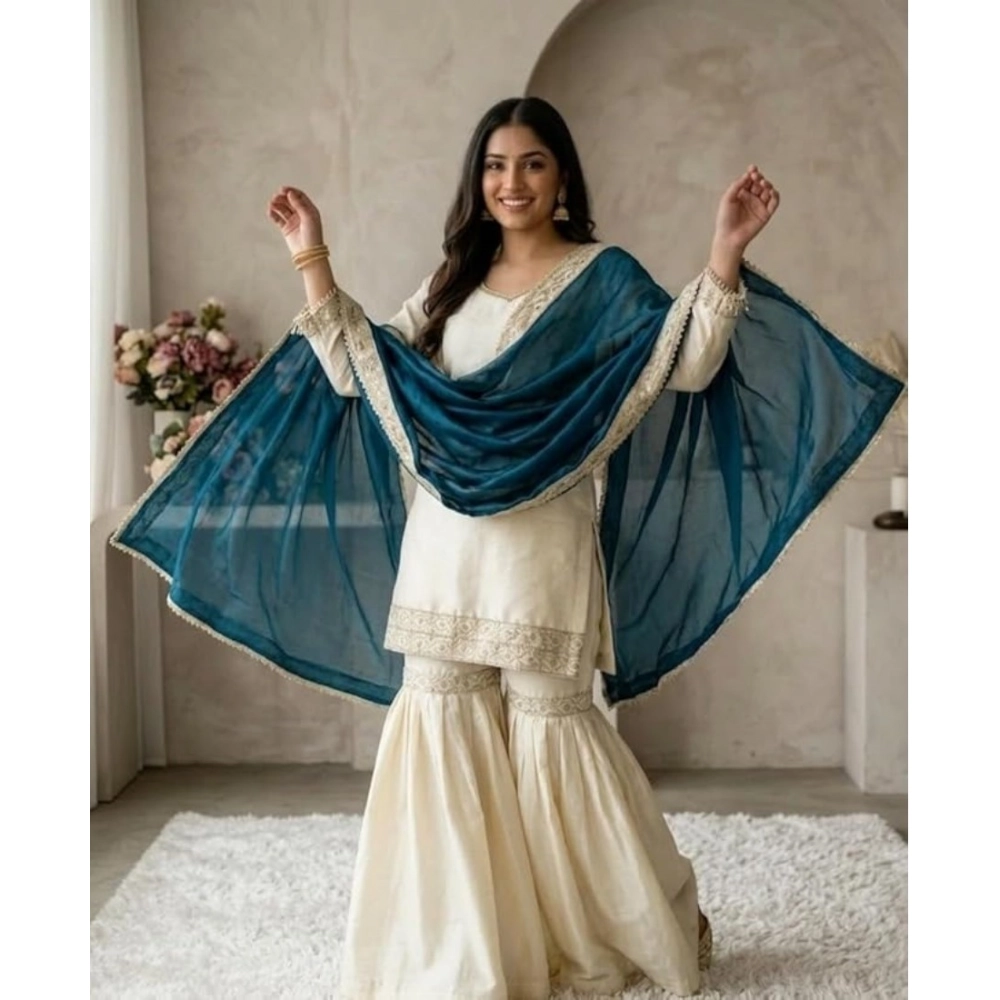 Generic Women's Silk Embroidered 3/4th Sleeve V-Neck Kurti With Sharara Pant and Dupatta Set (Cream & Teal) - Image 6