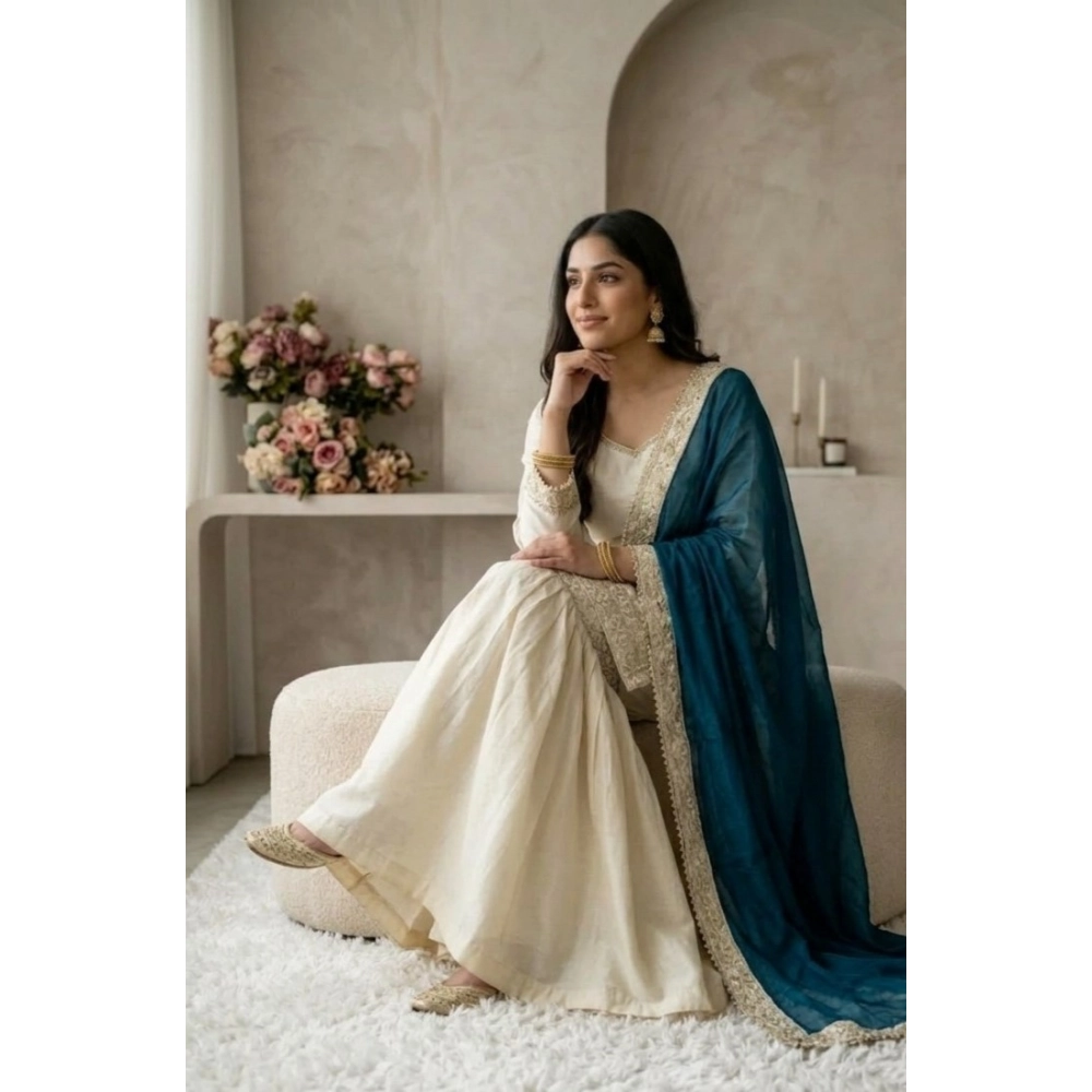 Generic Women's Silk Embroidered 3/4th Sleeve V-Neck Kurti With Sharara Pant and Dupatta Set (Cream & Teal) - Image 3