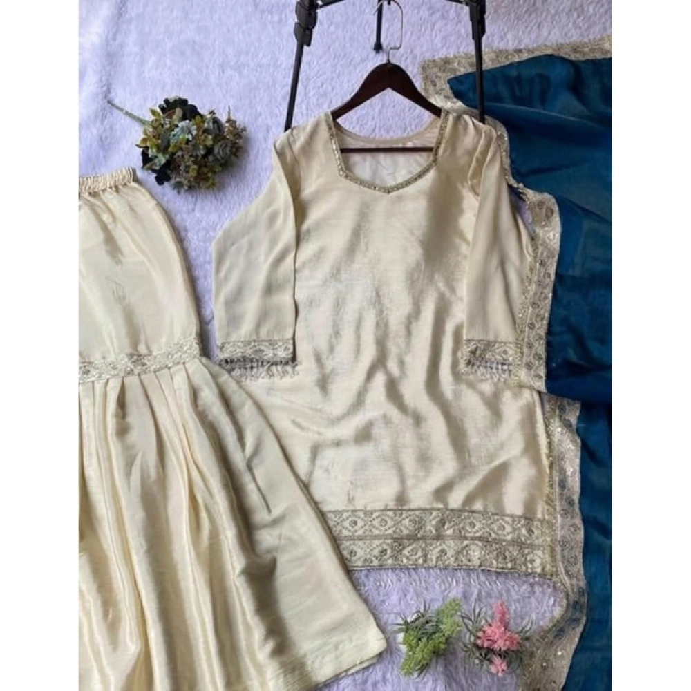 Generic Women's Silk Embroidered 3/4th Sleeve V-Neck Kurti With Sharara Pant and Dupatta Set (Cream & Teal) - Image 4