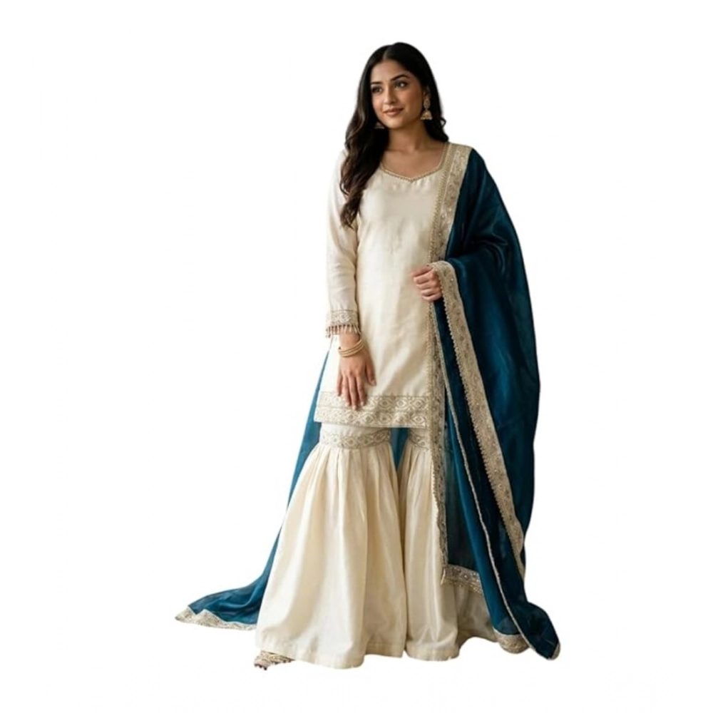 Generic Women's Silk Embroidered 3/4th Sleeve V-Neck Kurti With Sharara Pant and Dupatta Set (Cream & Teal) - Image 5