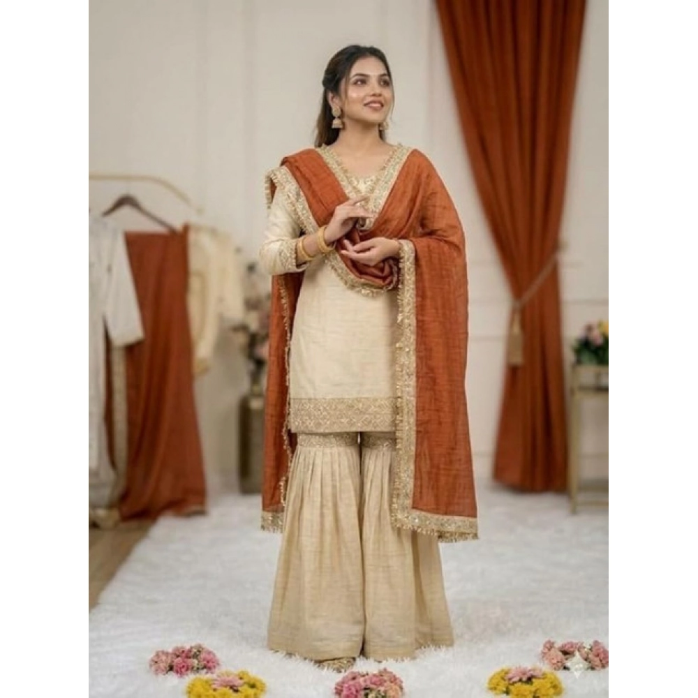 Generic Women's Silk Embroidered 3/4th Sleeve V-Neck Kurti With Sharara Pant and Dupatta Set (Cream & Orange) - Image 3
